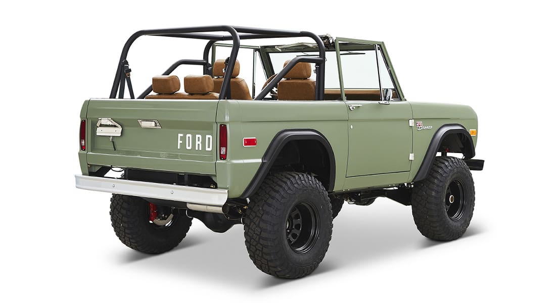 1973 Classic Ford Broncos Coyote Series in Boxwood Green with Whiskey interior and family roll cage
