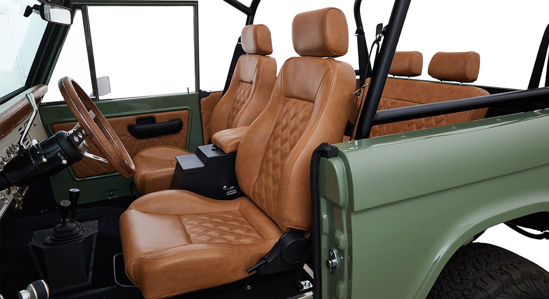 1973 Classic Ford Broncos Coyote Series in Boxwood Green with Whiskey Interior with family roll cage muirfield