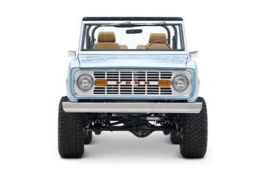 1973 Ford Bronco in Brittany Blue over Whiskey leather front