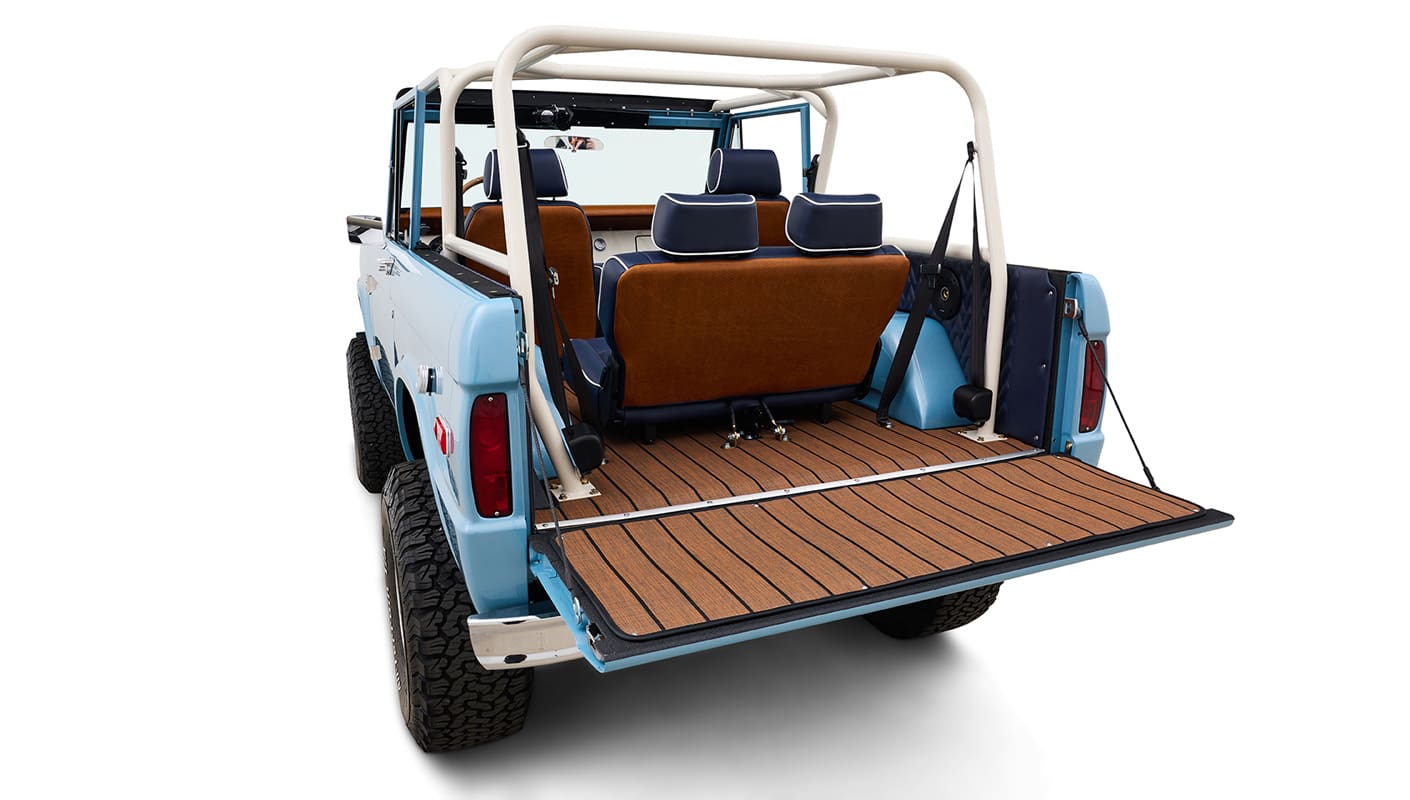 Ford Bronco 1969 Frozen Blue Coyote Series with Custom Leather Interior and Teak Boat Flooring