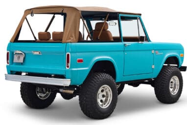 Ford Bronco 1969 Peacock Blue 302 Series with Tan Soft Top and Custom Leather Diamond Stitch Interior