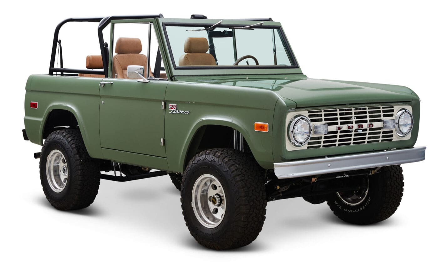Ford Bronco 1973 Boxwood Green Coyote Series with Custom Whiskey Leather Diamond Stitch Interior