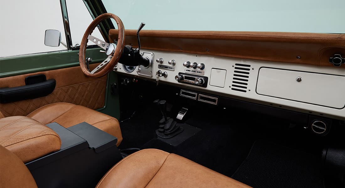 Ford Bronco 1973 Boxwood Green Coyote Series with Custom Whiskey Leather Diamond Stitch Interior