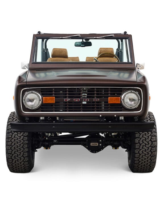 Ford Bronco 1970 in Matte Macadamia Brown with whiskey leather interior and black wheels