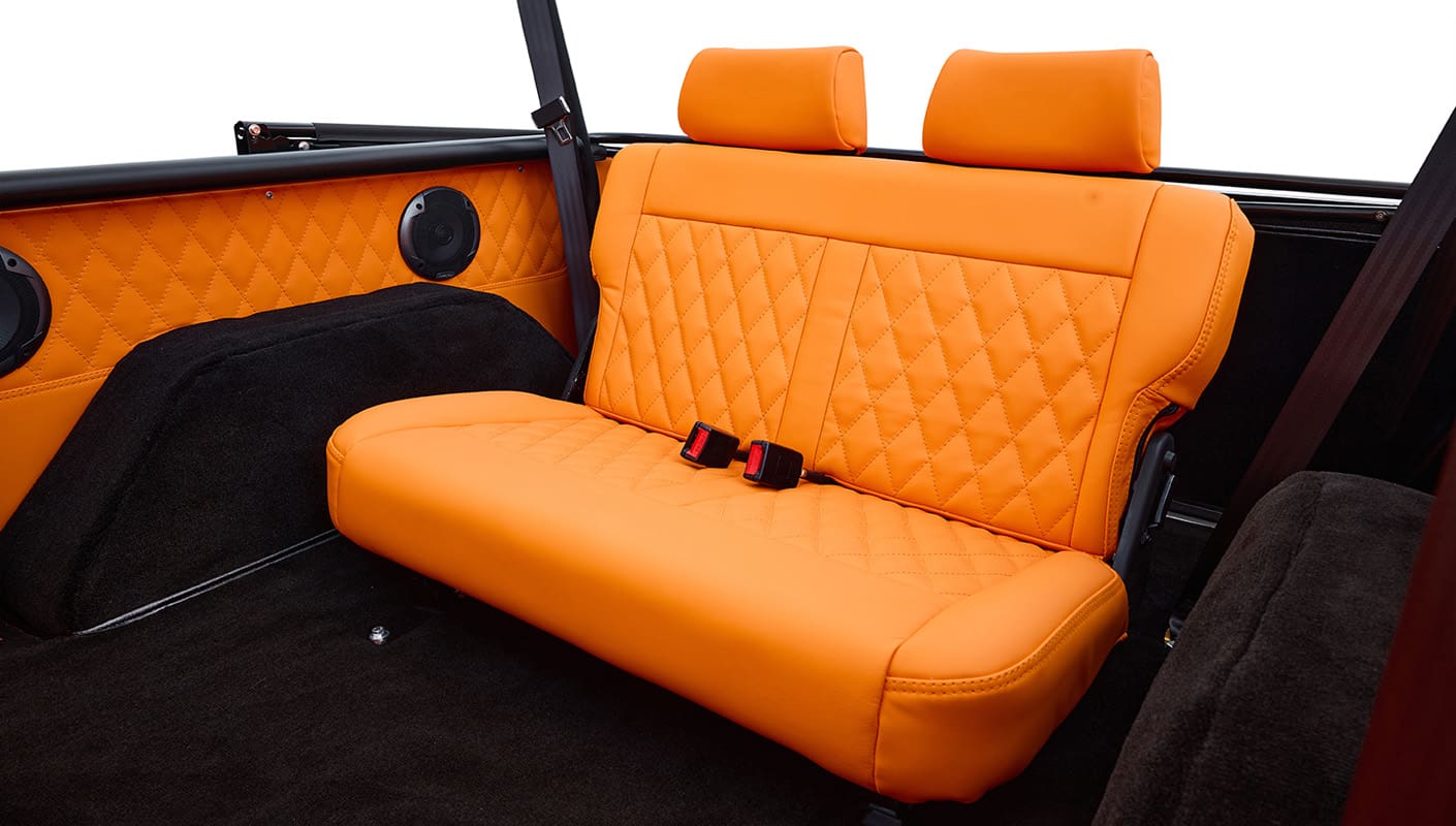 1971 Ford Bronco Coyote Series in Rolls Royce Blue over Orange Custom Interior 3rd Gen Coyote 5.0L Engine Diamond Stitched Backseat