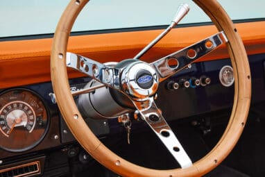 1971 Ford Bronco Coyote Series in Rolls Royce Blue over Orange Custom Interior 3rd Gen Coyote 5.0L Engine Steering Wheel Detail