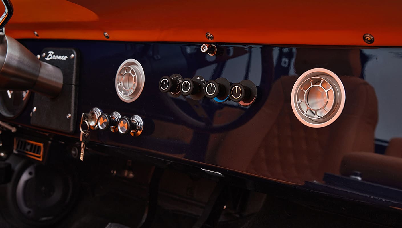 1971 Ford Bronco Coyote Series in Rolls Royce Blue over Orange Custom Interior 3rd Gen Coyote 5.0L Engine Dash Detail