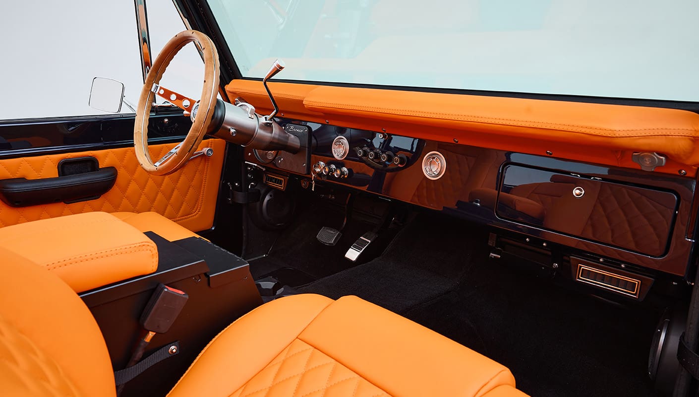1971 Ford Bronco Coyote Series in Rolls Royce Blue over Orange Custom Interior 3rd Gen Coyote 5.0L Engine Dash