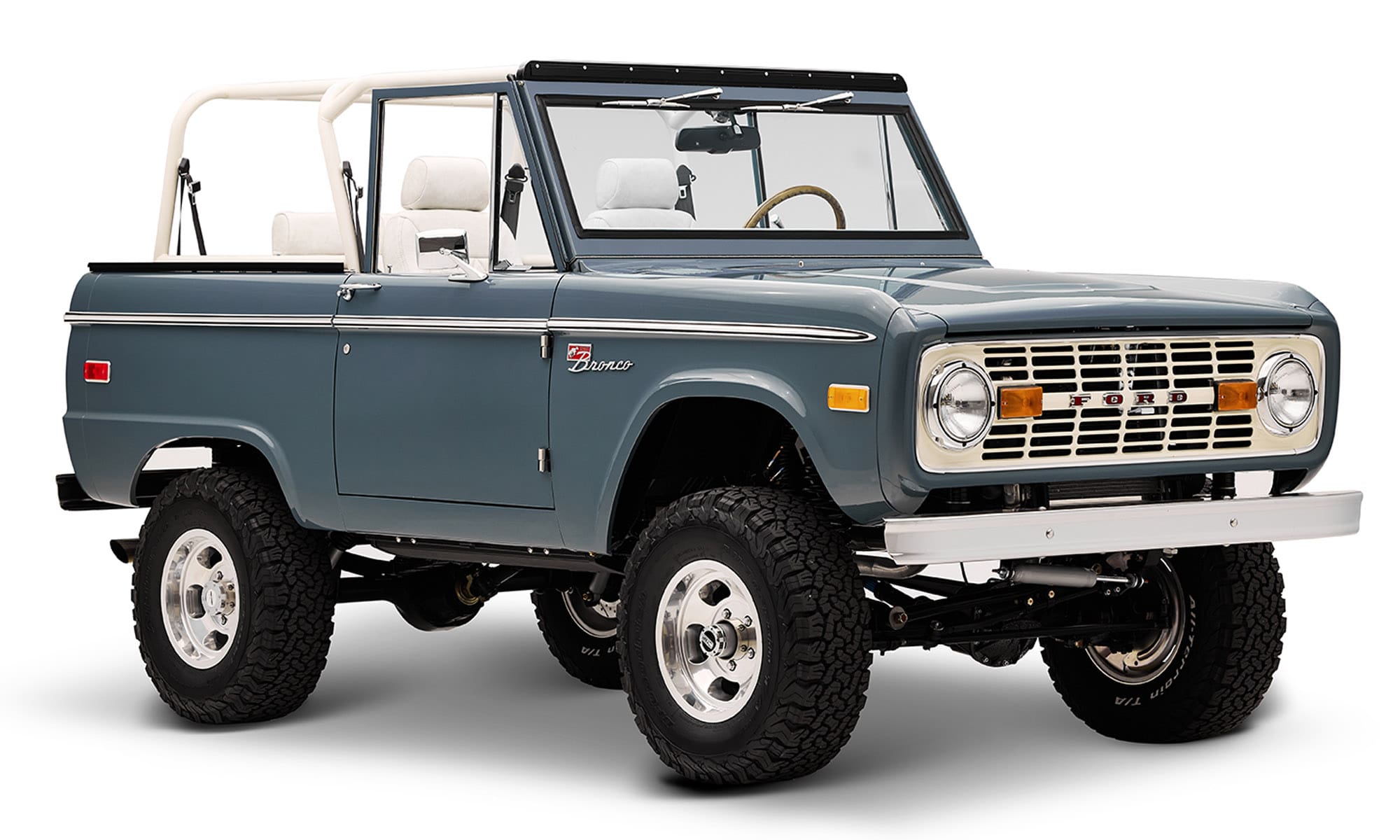 1966 Classic Ford Bronco 302 Series in Atlas Gray with White Rock leather interior and white roll cage