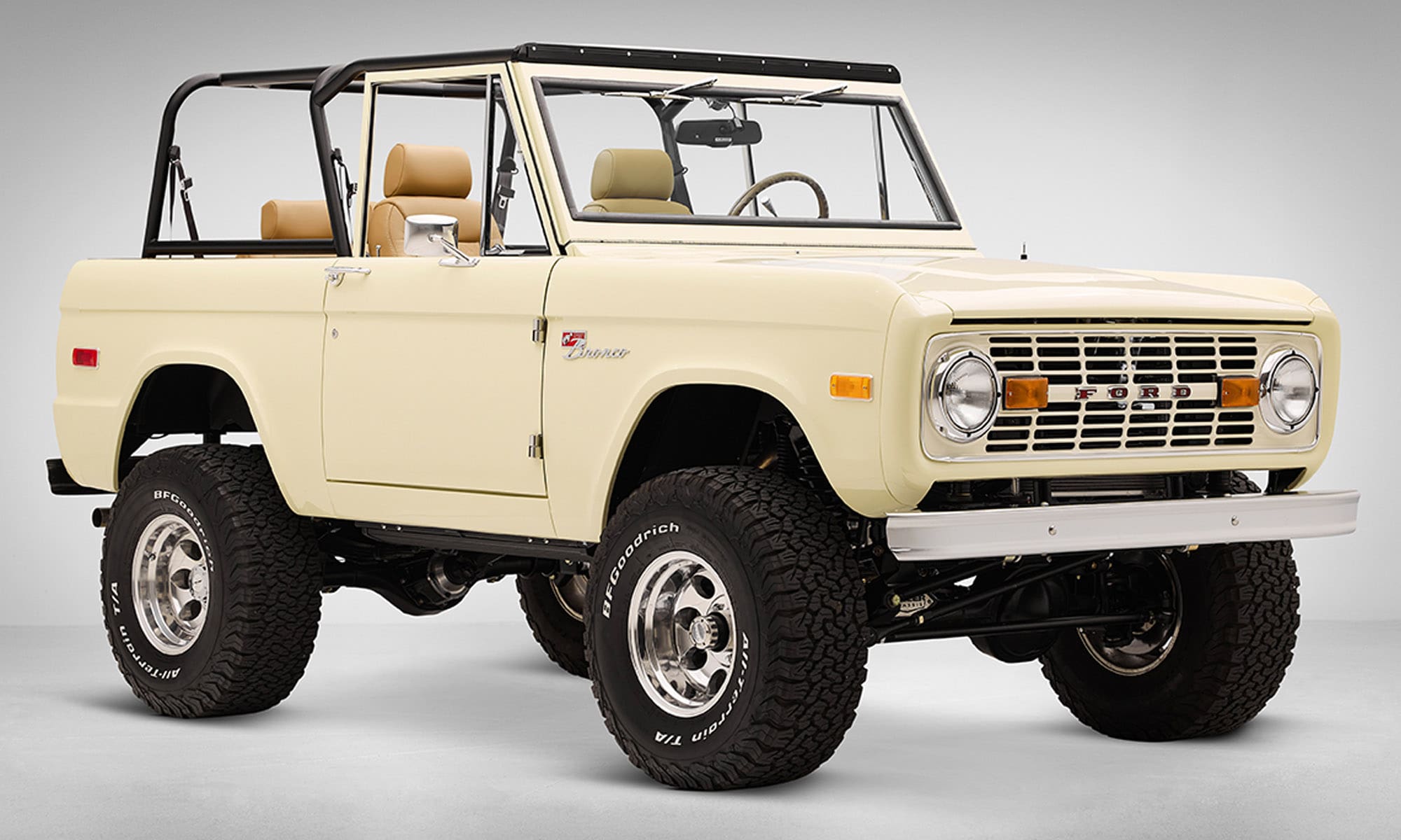 1966 Yellow Classic Ford Bronco Coyote Series with Straw custom interior and family roll cage