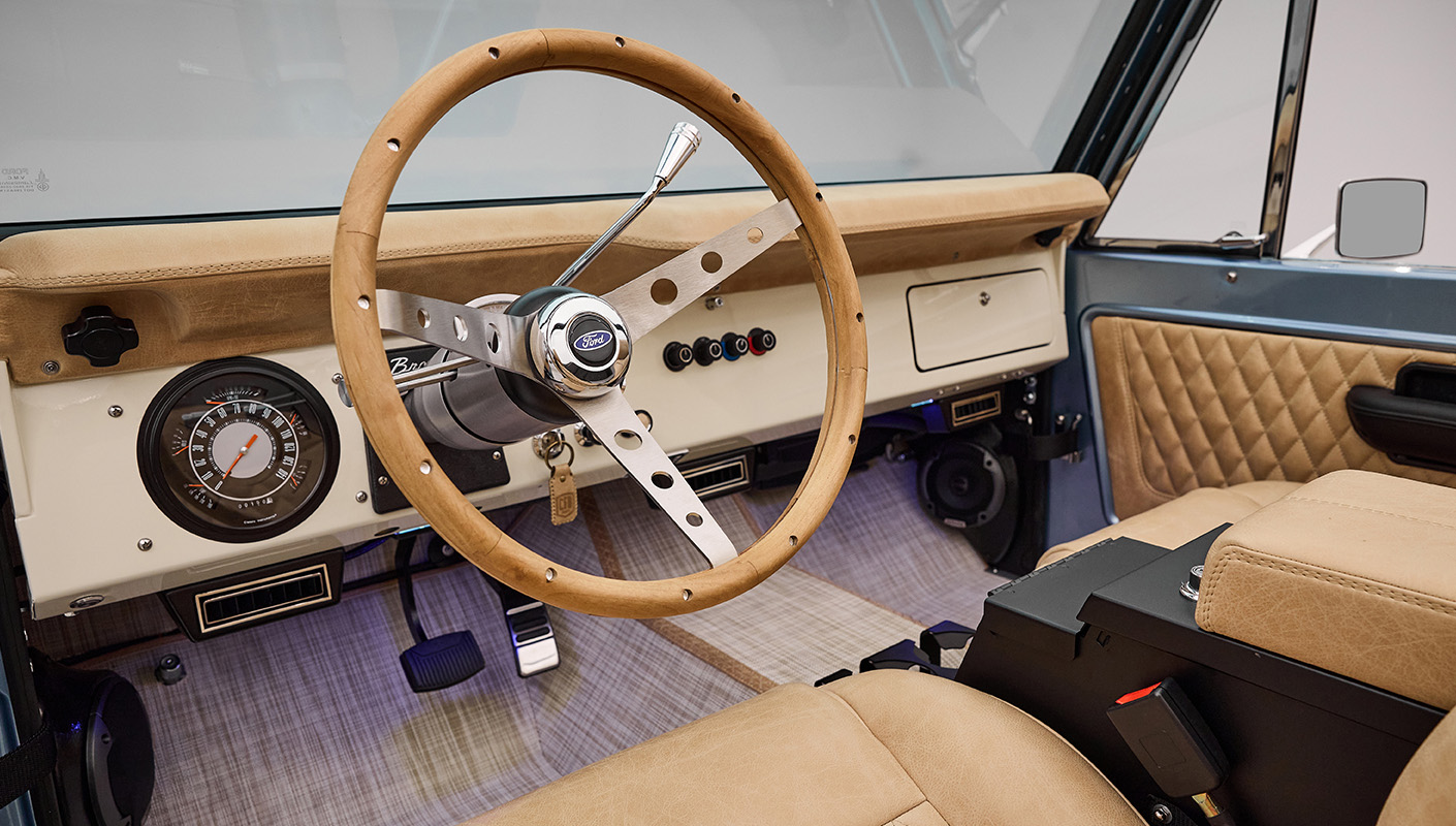 1966 Brittany Blue Classic Ford Bronco with Wood Ford Steering Wheel