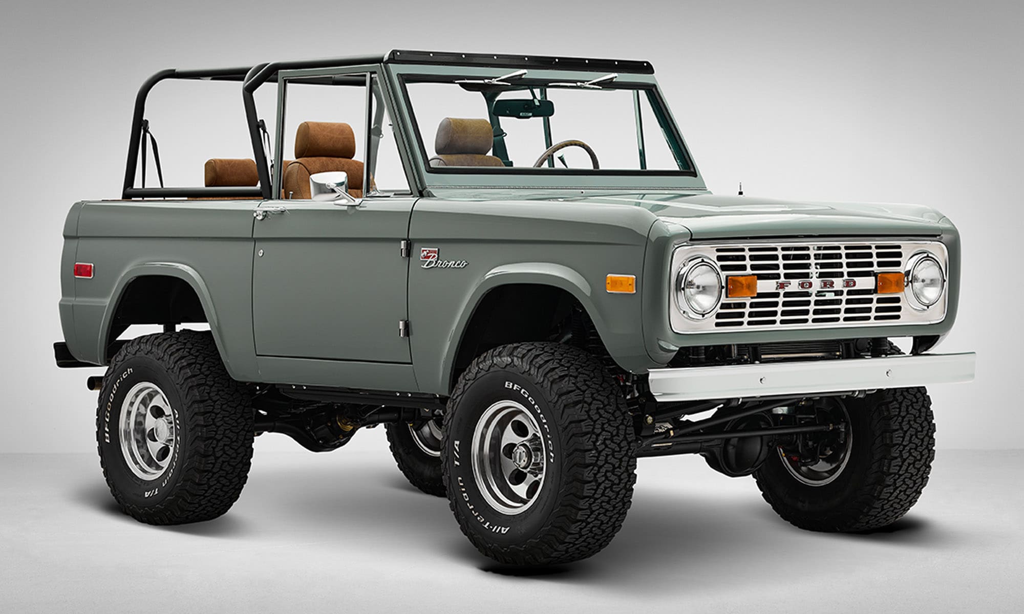 1974 Classic Ford Bronco in Marble Gray with a Moccasin leather custom diamond stitch interior