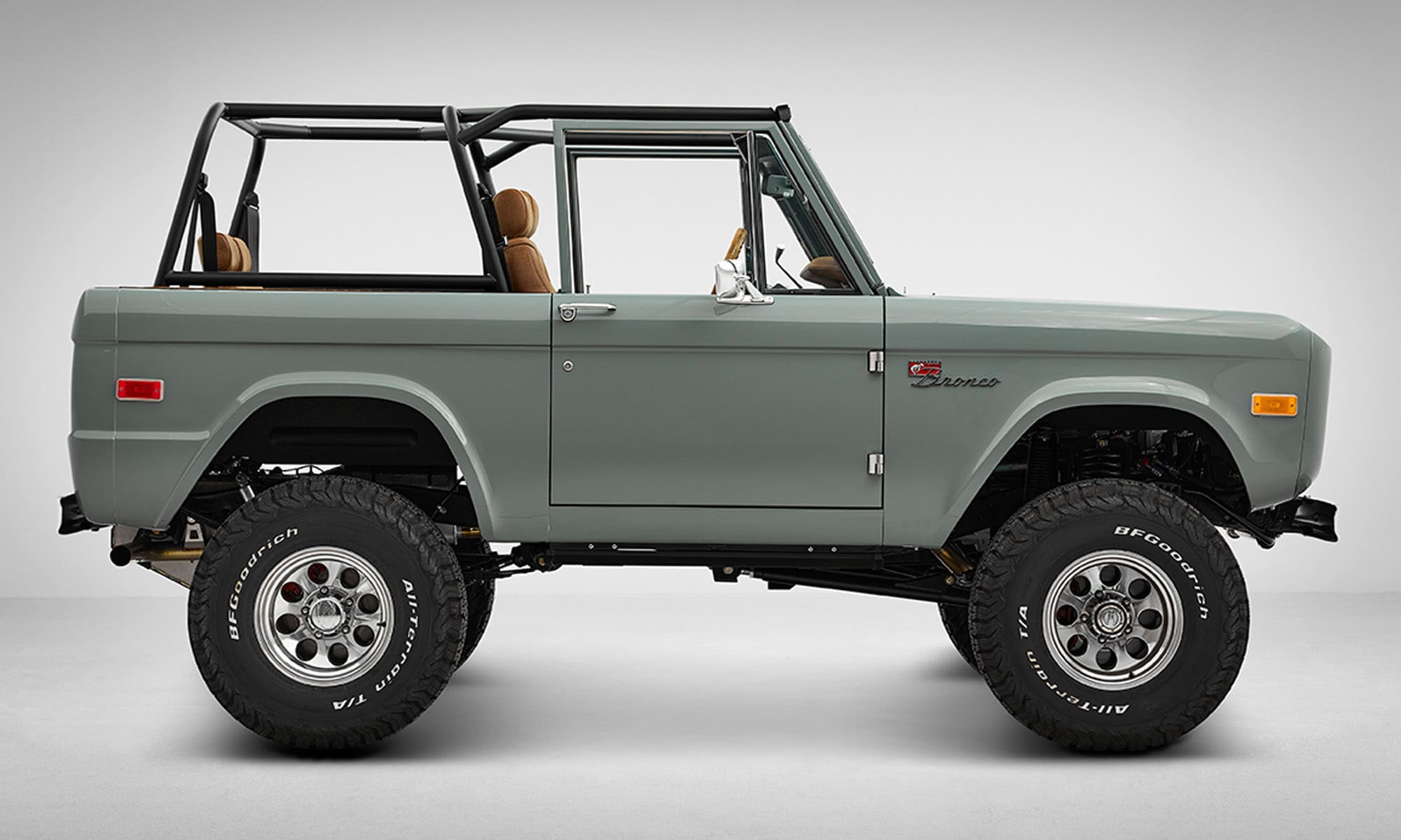 1974 Classic Ford Bronco in Marble Gray with a Moccasin leather custom diamond stitch interior