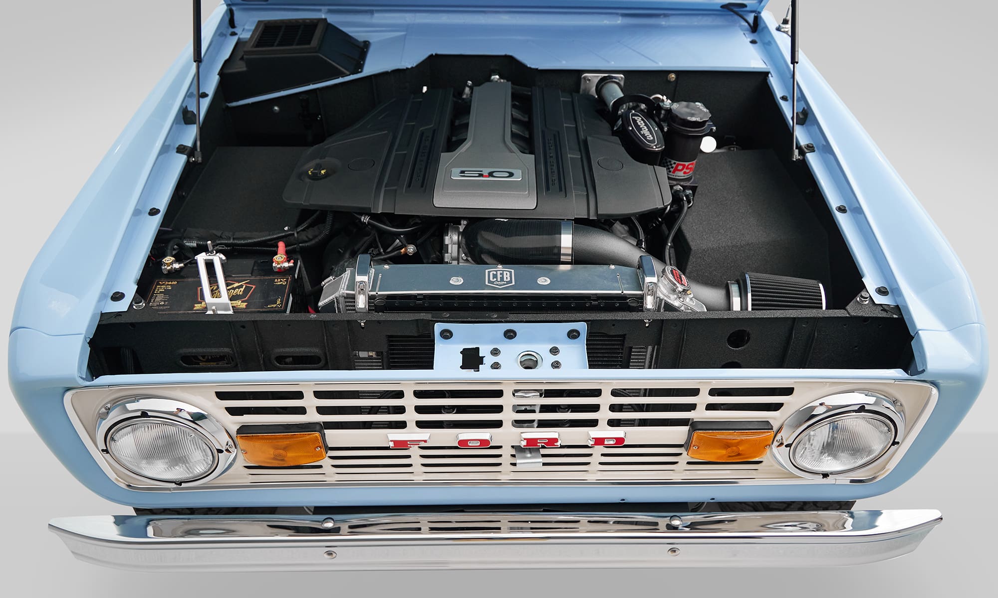 A 1970 Classic Ford Broncos 3rd gen coyote series engine