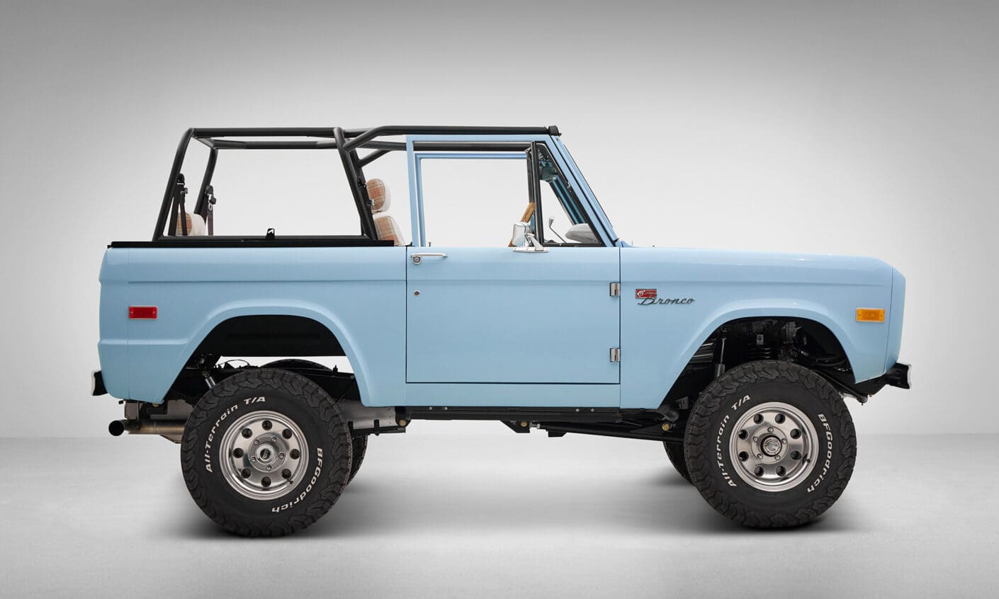 A 1970 Classic Ford Broncos coyote series in frozen blue over custom white rock leather interior profile