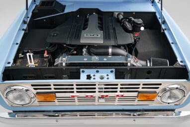 A 1970 Classic Ford Broncos coyote series in frozen blue, 10 speed automatic transmission with wimbledon white grill