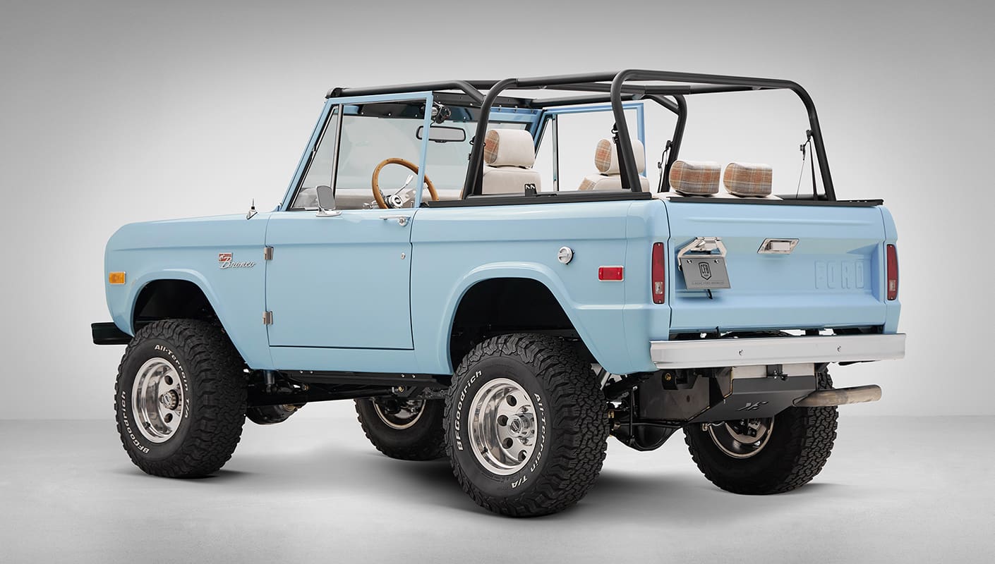 A 1970 Classic Ford Broncos coyote series in frozen blue over custom white rock leather interior and family cage 2