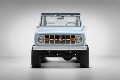 A 1970 Classic Ford Broncos coyote series in frozen blue over custom white rock leather interior, and wimbledon white grill