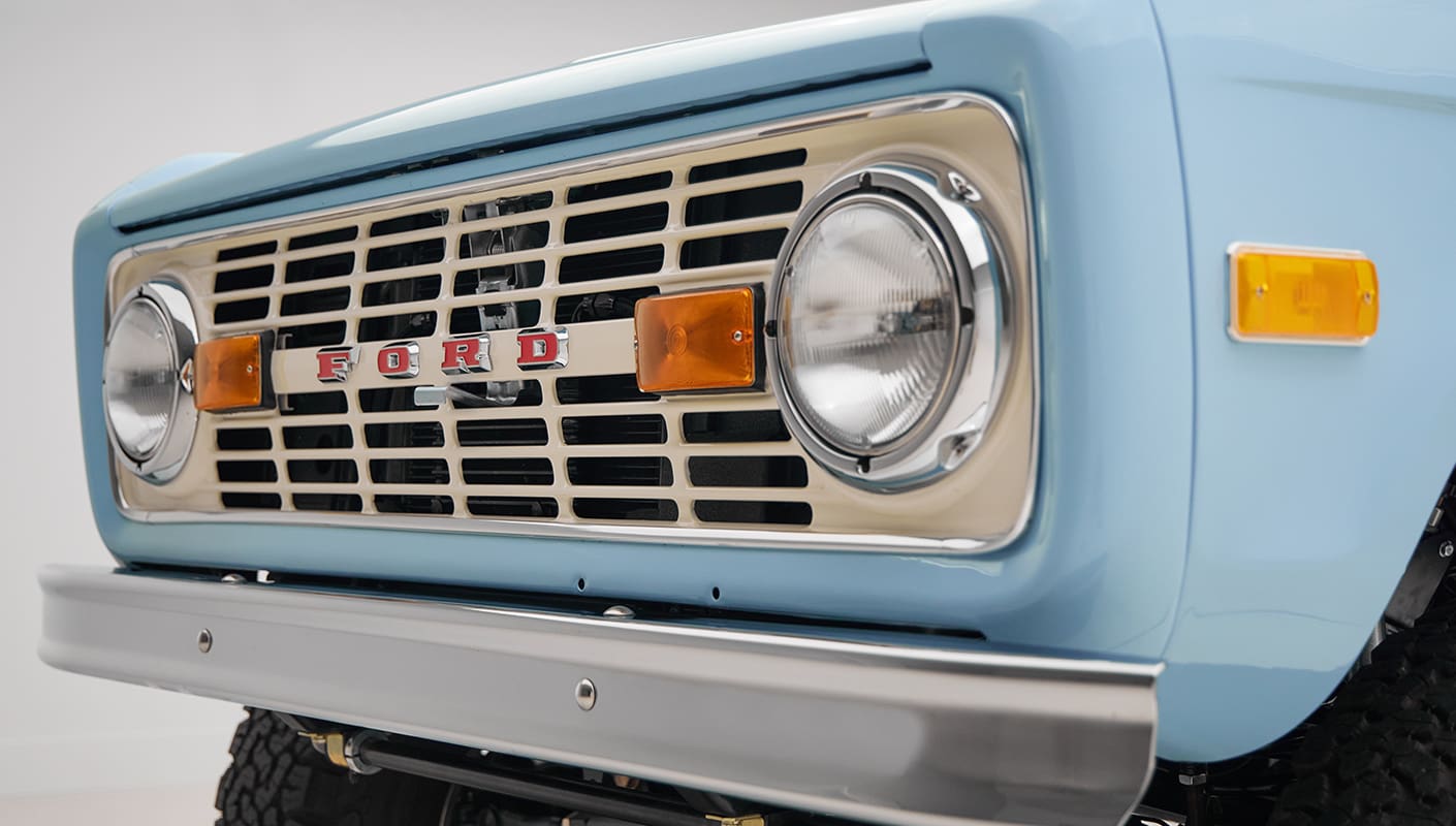 A 1970 Classic Ford Broncos coyote series in frozen blue with wimbledon white grill