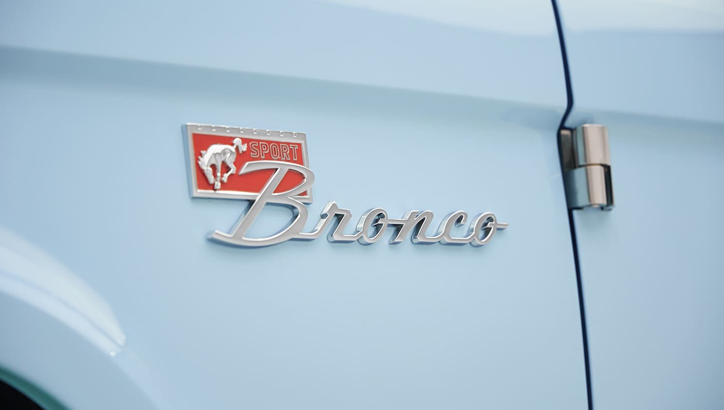 A 1970 Classic Ford Broncos coyote series in frozen blue bronco emblem