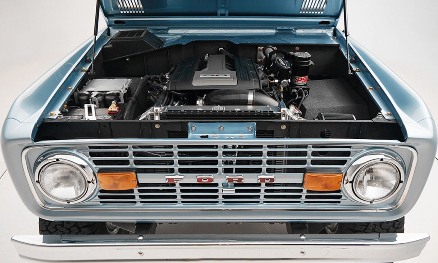 1975 ford bronco painted brittany blue with 3rd gen ford racing coyote motor
