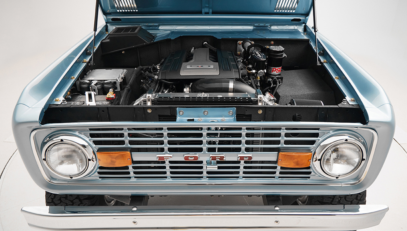 1975 ford bronco painted brittany blue with 3rd gen ford racing coyote motor