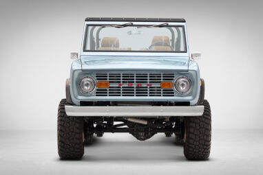 1976 Ford Bronco in Brittany Blue with whiskey diamond stitch front