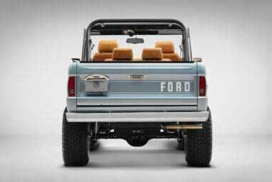 1975 ford bronco painted brittany blue with cowboy debossed, baseball stitch leather rear profile