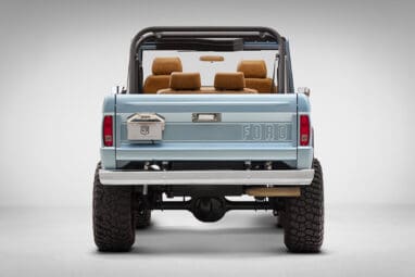 1976 Ford Bronco in Brittany Blue with whiskey diamond stitch rear