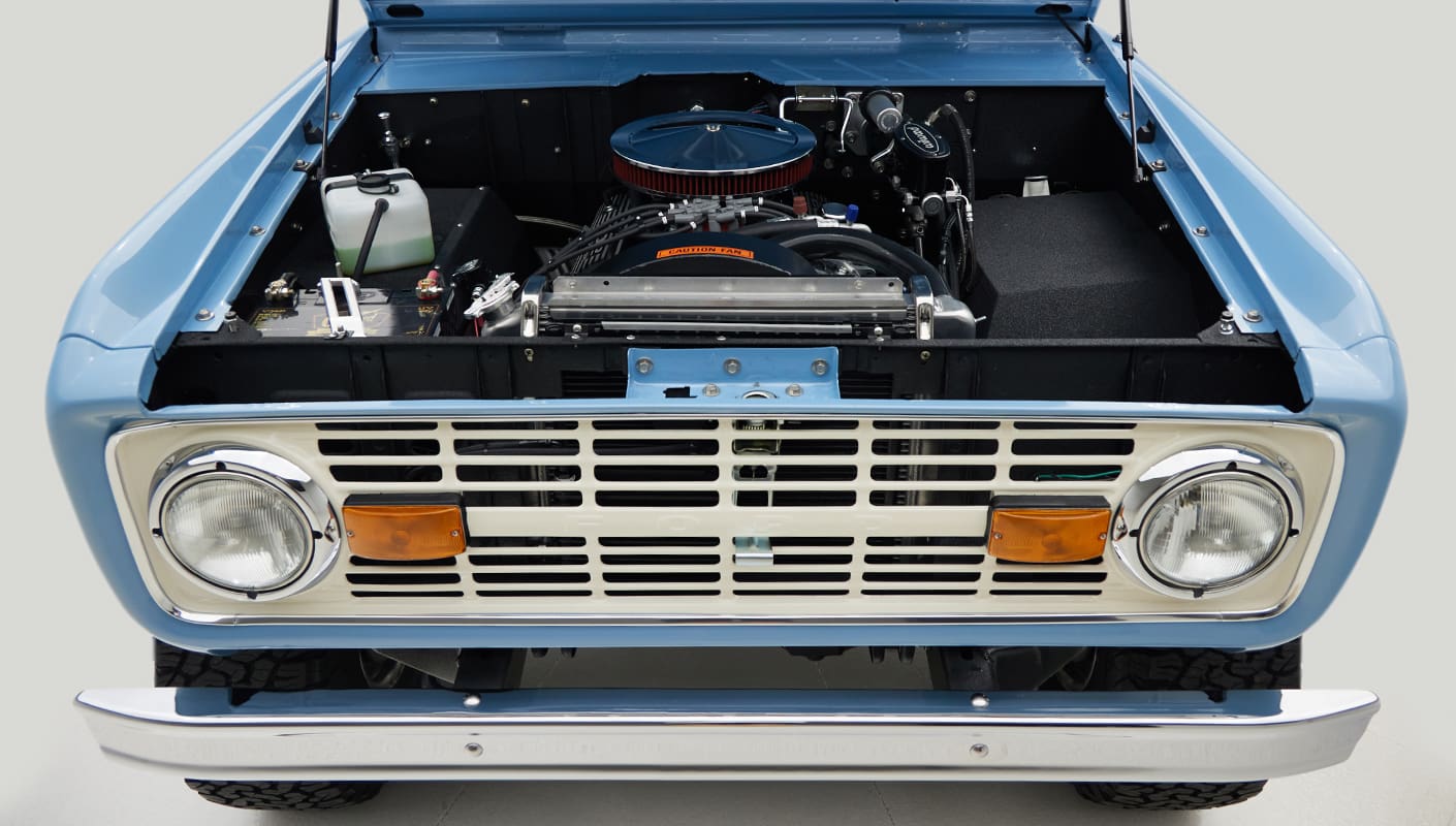 1967 Classic Ford Bronco painted in Frozen Blue over Ball Glove leather interior crate 302