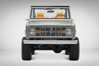 1972 Classic Ford Bronco in Matte Silver over Orange Leather interior front view