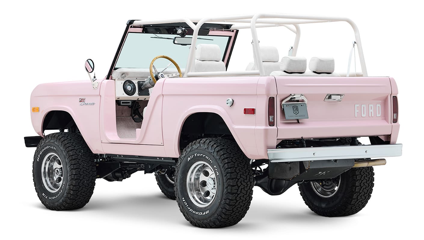 1966 Pink Classic Ford Bronco Coyote Series Roadster with White Leather Interior and Custom Pink Flooring