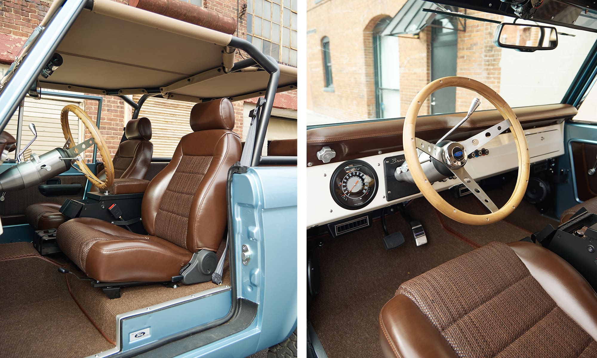 1974 classic ford bronco in brittany blue with cigar basket weave interior