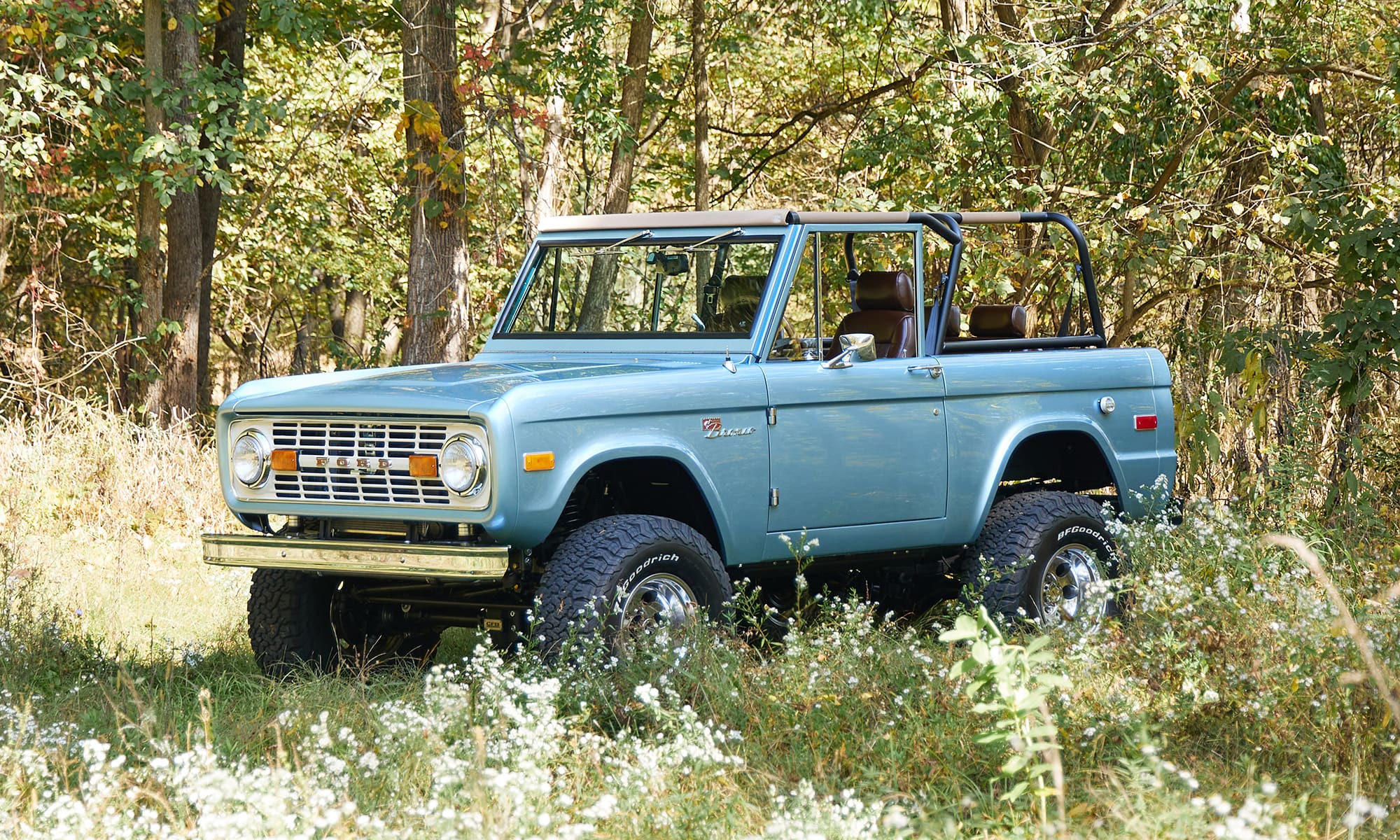 1974 classic ford bronco in brittany blue with cigar basket weave interior