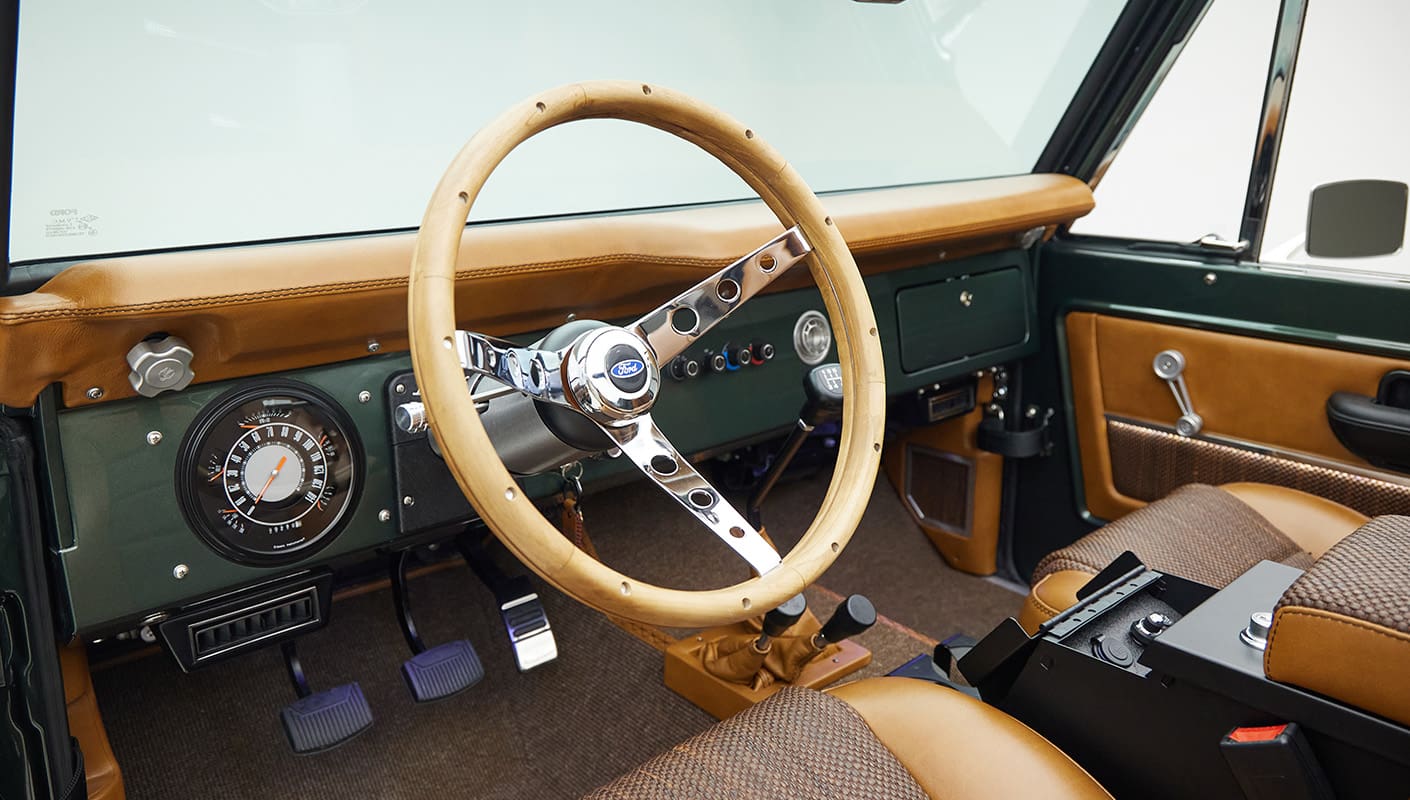 1973 classic ford bronco in highland green steering wheel