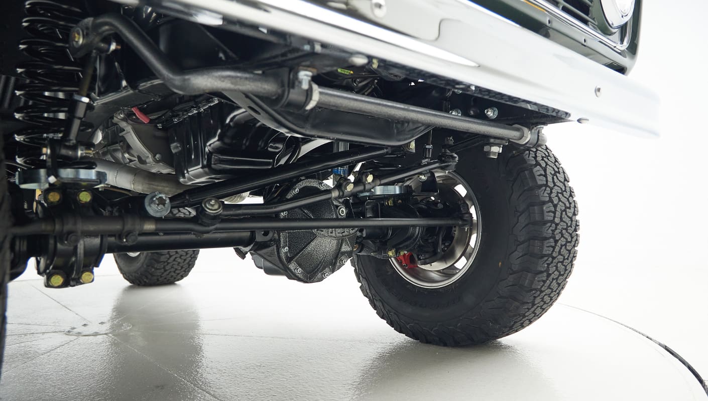 1973 classic ford bronco in highland green front underbody