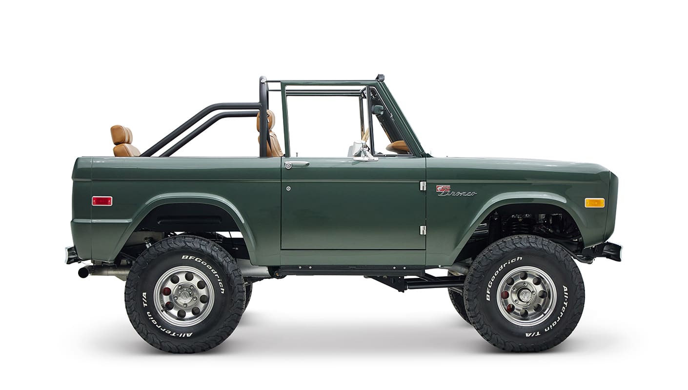 1973 classic ford bronco in highland green passenger side