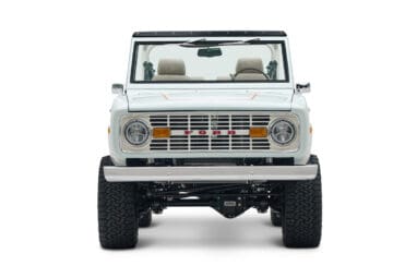 1973 classic ford bronco in diamond blue with butterscotch leather interior, vintage decals and chrome trim front profile