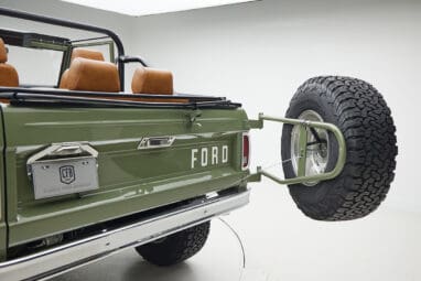 1976 classic ford bronco in boxwood green with ball glove leather spare tire carrier