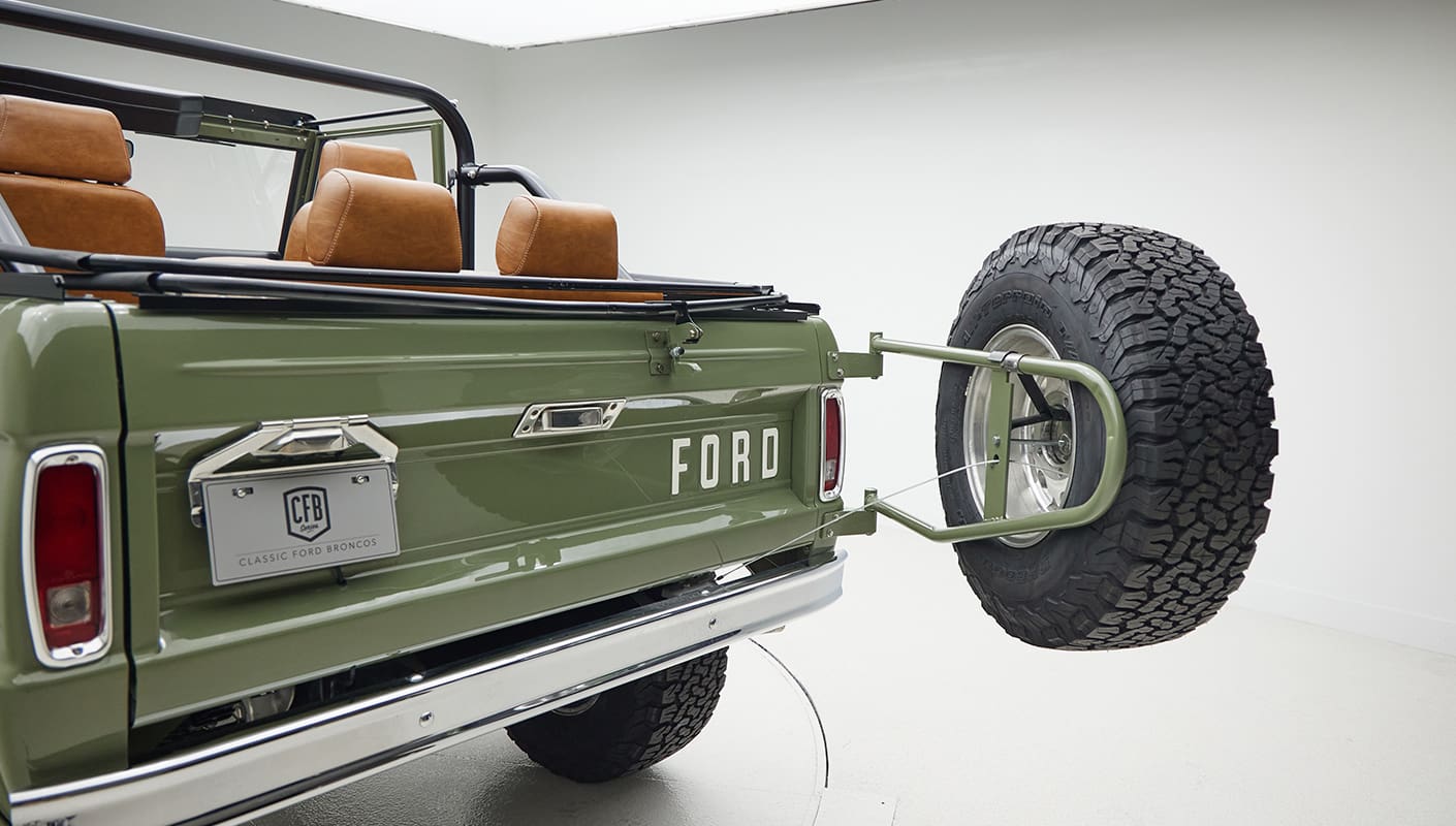 1976 classic ford bronco in boxwood green with ball glove leather spare tire carrier