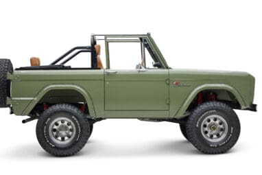 1976 classic ford bronco in boxwood green with ball glove leather passenger profile