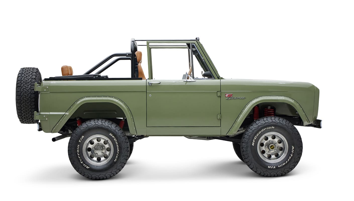 1976 classic ford bronco in boxwood green with ball glove leather passenger profile