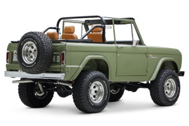1976 classic ford bronco in boxwood green with ball glove leather rear passenger angle