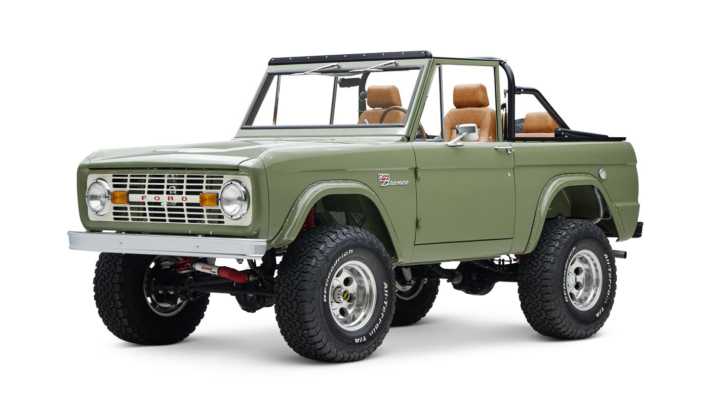 1976 classic ford bronco in boxwood green with ball glove leather front driver angle