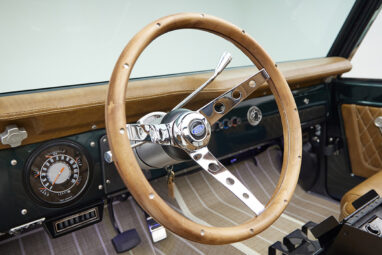 1966 ford bronco in highland green with whiskey leather interior wood steering wheel