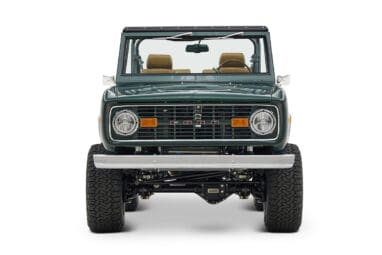 1966 ford bronco in highland green with whiskey leather interior front