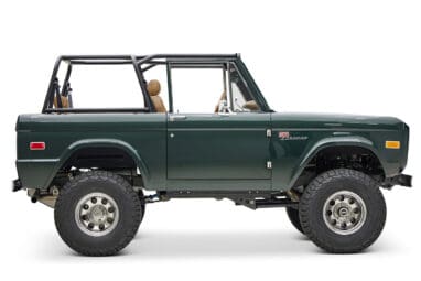 1966 ford bronco in highland green with whiskey leather interior passenger profile