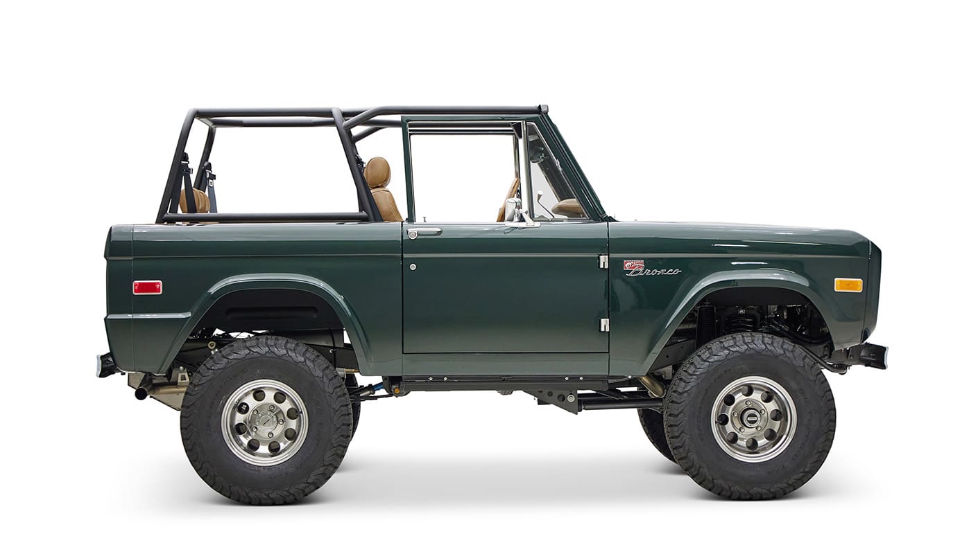 1966 ford bronco in highland green with whiskey leather interior passenger profile