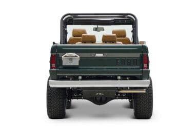 1966 ford bronco in highland green with whiskey leather interior rear end
