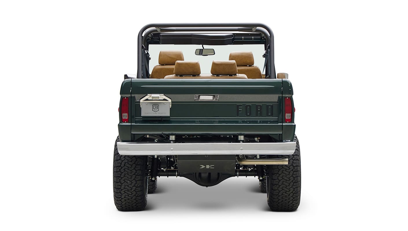 1966 ford bronco in highland green with whiskey leather interior rear end